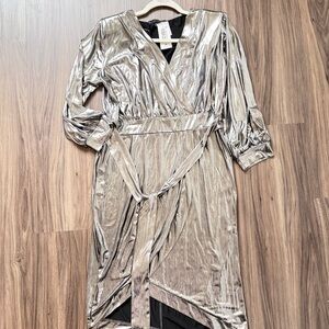 Symphony Metallic Silver Wrap Midi Dress with Belt
